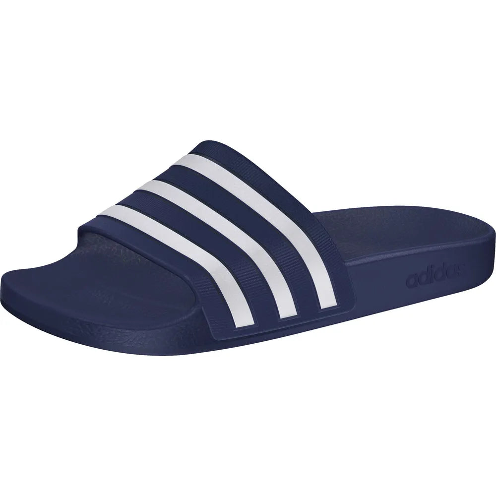 Adidas Adilette Aqua Slides in navy blue with sporty straps, suitable for casual wear and water activities.