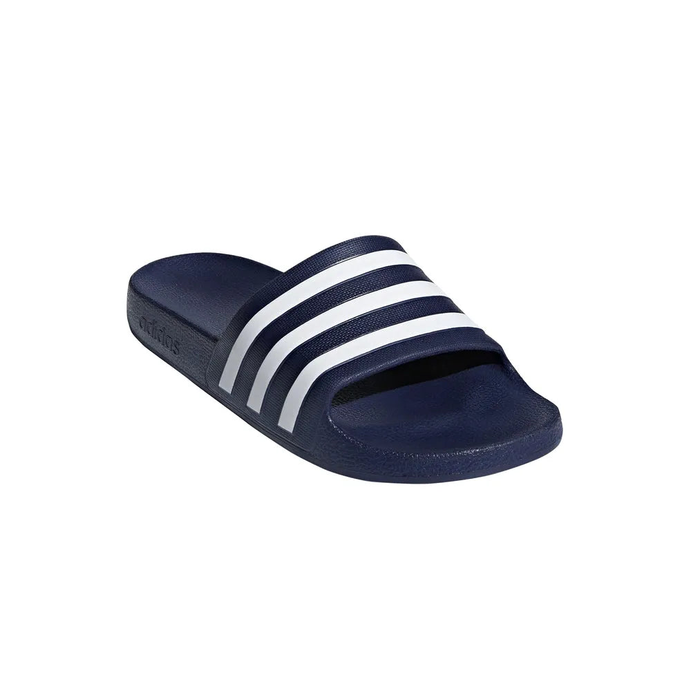 Adidas Adilette Aqua slides in navy blue with sporty straps, perfect for casual wear and poolside comfort