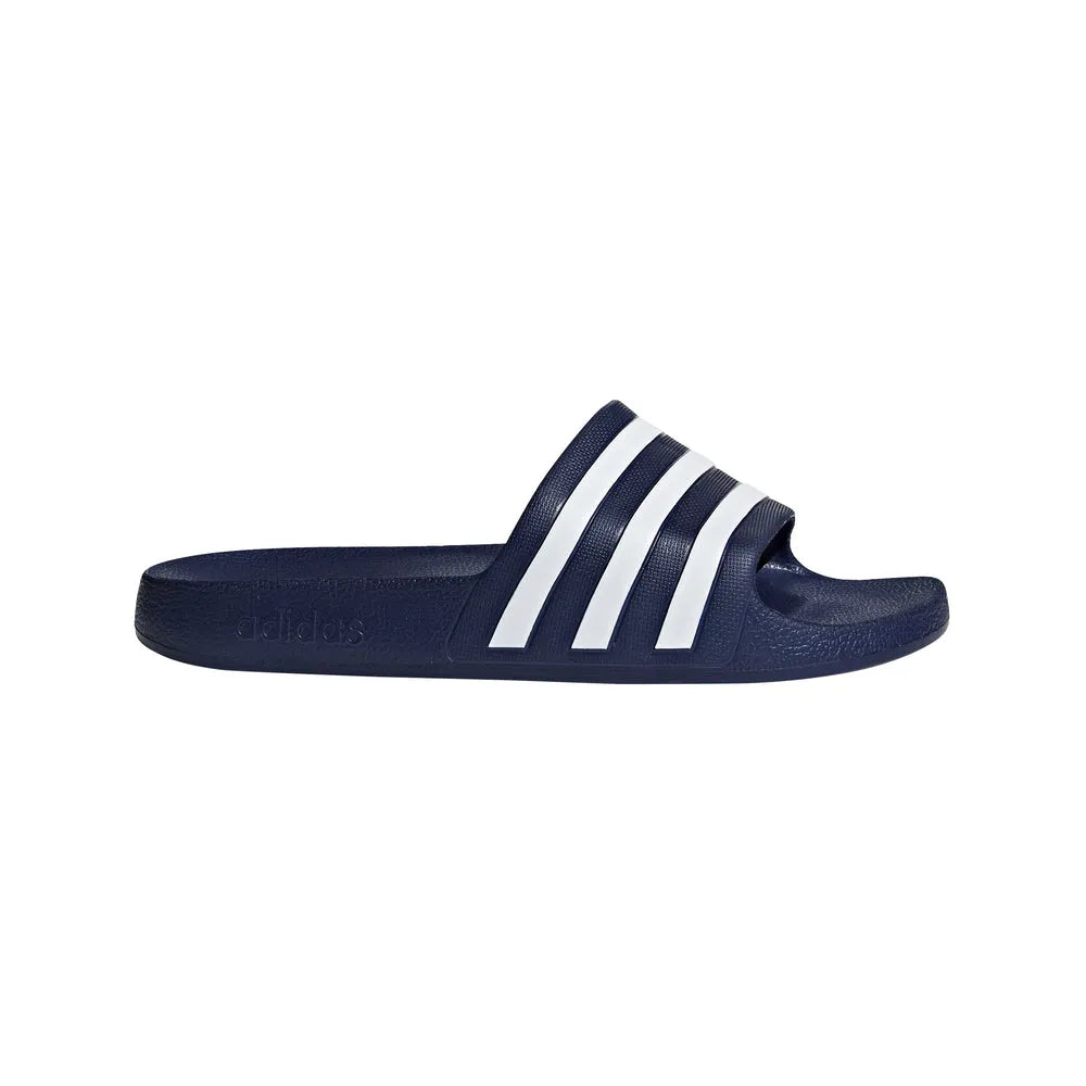 Navy blue Adidas Adilette Aqua Slides with textured straps and cushioned soles, ideal for sports and casual wear.