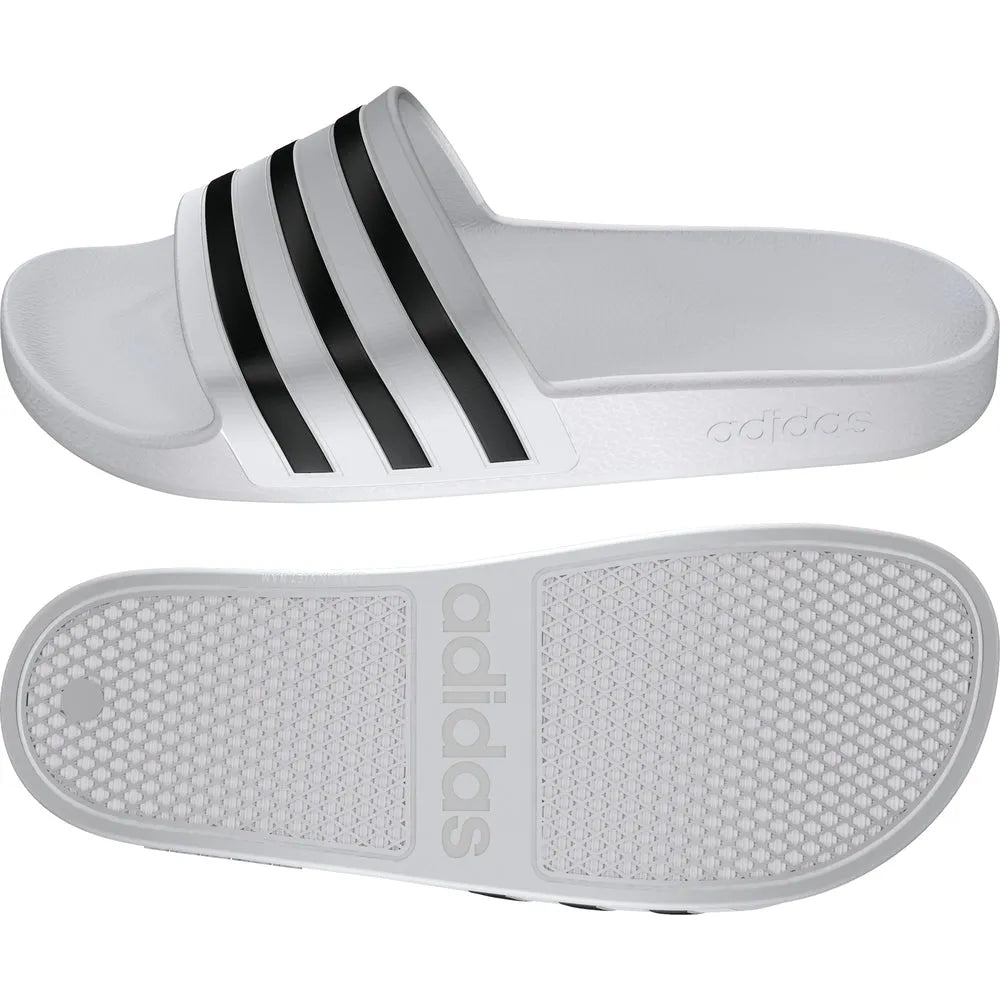 White Adidas Adilette Aqua Slides, casual slip-on sandals with textured soles and adjustable straps for comfortable summer wear.
