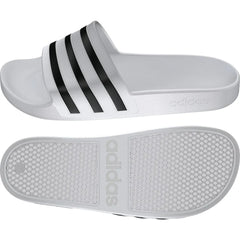 White Adidas Adilette Aqua Slides, casual slip-on sandals with textured soles and adjustable straps for comfortable summer wear.