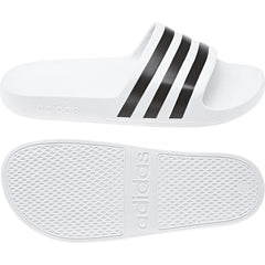 White Adidas Adilette Aqua Slides with sporty design, featuring the Adidas logo, perfect for casual wear and poolside comfort.