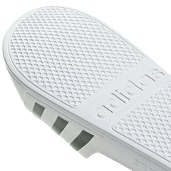 White Adidas Adilette Aqua slides with sporty design, ideal for casual wear and water activities.