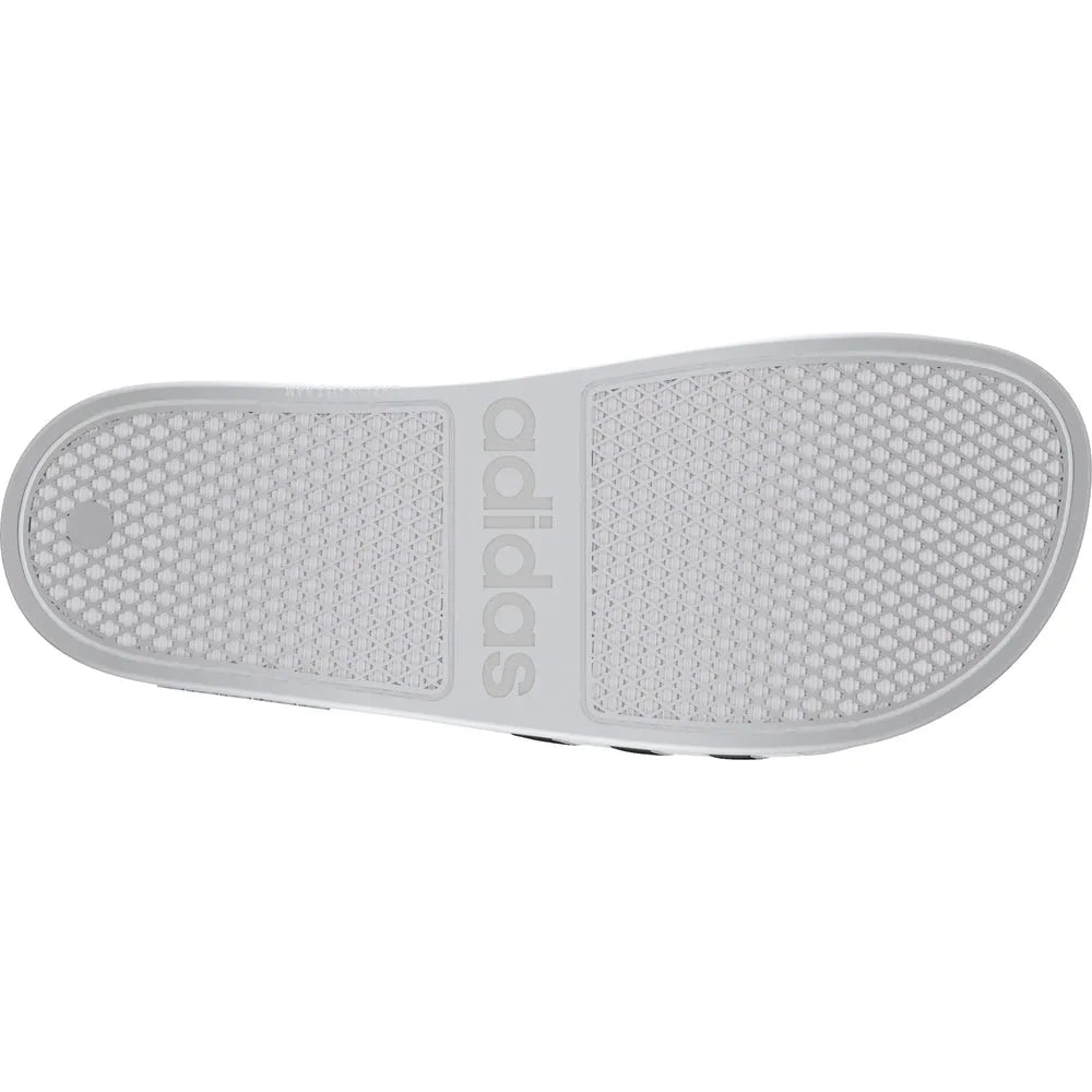 White Adidas Adilette Aqua Slides on a clean surface, showcasing sporty design and comfort for casual wear.