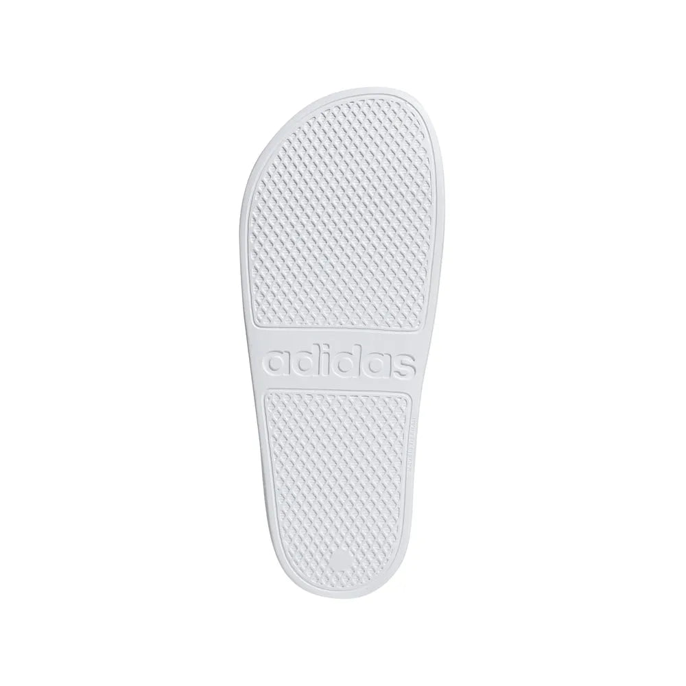 White Adidas Adilette Aqua Slides with sporty design, perfect for casual wear and poolside comfort.
