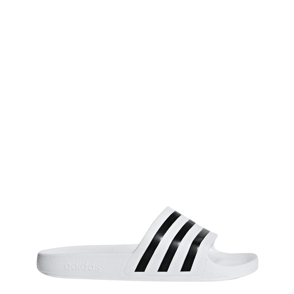 White Adidas Adilette Aqua Slides on a white background, showing the sporty slip-on design and Adidas branding.