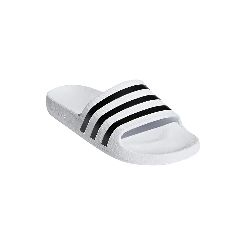 White Adidas Adilette Aqua Slides with sporty design, perfect for casual wear and water activities.