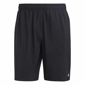 Black Adidas men's solid CLX swim shorts with a classic length and Lucid Lemon accents, suitable for casual swimming and beachwear.