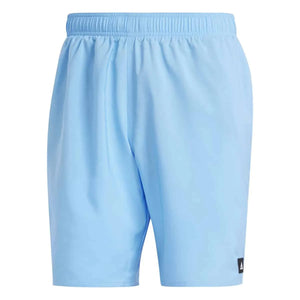Adidas men's solid blue burst and black classic-length swim shorts with drawstring waistband, suitable for beach or pool.