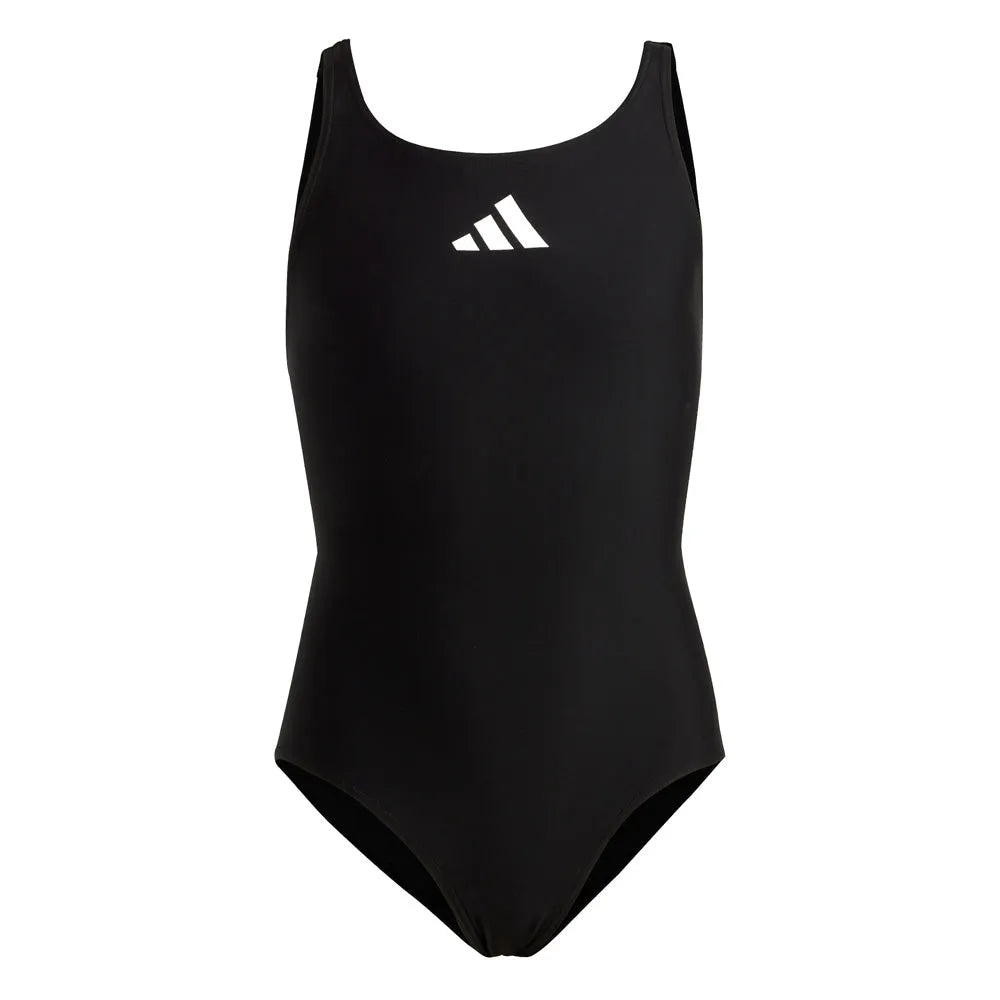 Black Adidas girls' solid small logo swimsuit for ages 9-10, featuring a sleek design and comfortable fit.