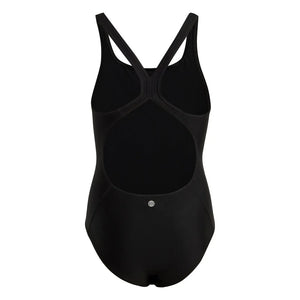 Black Adidas girls' solid small logo swimsuit for ages 9-10, featuring a sleek design and comfortable fit.