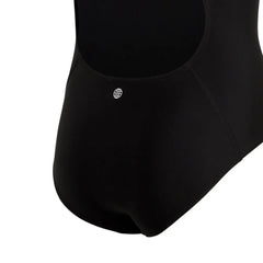 Black Adidas girls' solid logo swimsuit, suitable for ages 9-10, featuring a sleek design and comfortable fit for swimming.