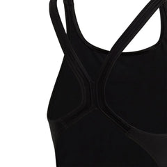 Black Adidas girls' solid small logo swimsuit, suitable for ages 9-10, featuring a classic design and comfortable fit.