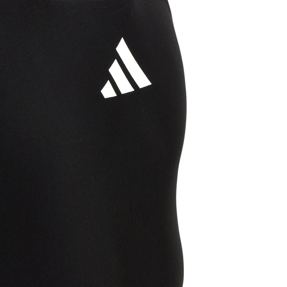 Black Adidas girls' solid logo swimsuit designed for ages 9-10, featuring a sleek fit and comfortable material.