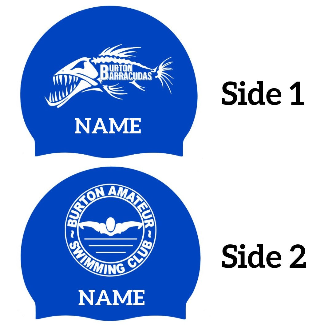 AK Club Kit Burton Barracudas swimming cap, 3-pack with club logo and name, royal blue and white, made for competitive swimming.