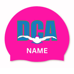 AK Dundee City Aquatics club caps, set of 3, featuring the club logo and name in colorful designs by AK Club Kit
