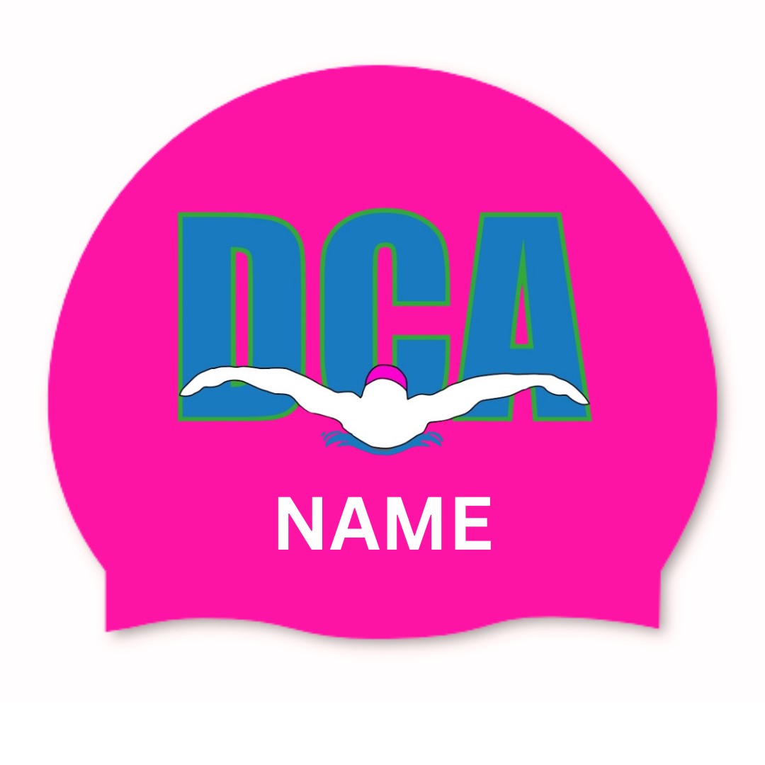 AK Dundee City Aquatics Club logo and name on a multi-colored swim cap by AK Club Kit, designed for club members.