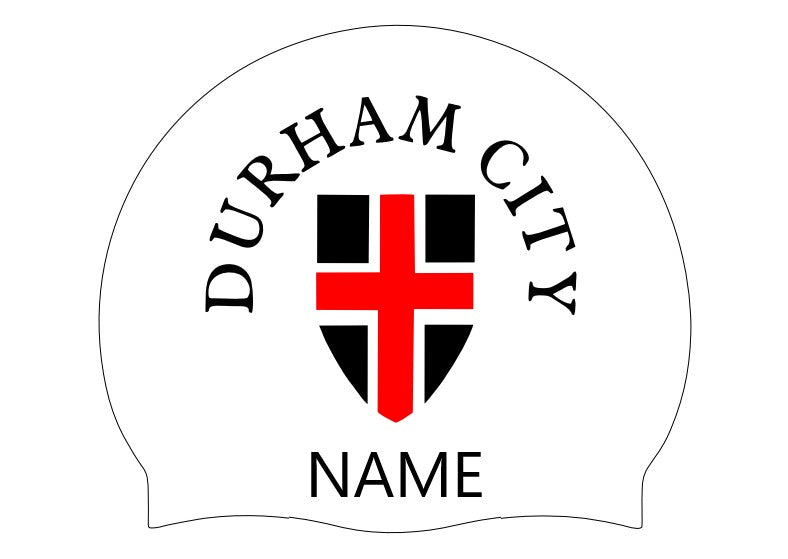 Durham City 3-pack club logo swimming caps by AK Club Kit in white, black, and red with city and club name designs.