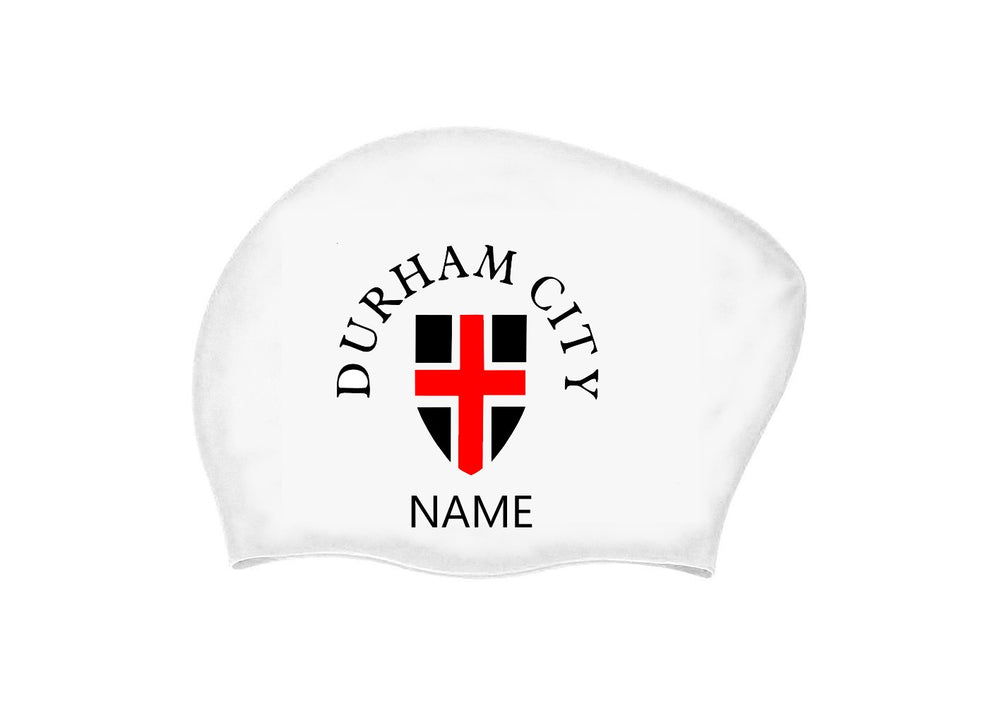 Durham City 3-pack long hair swimming caps by AK Club Kit, white, black, and red with club logo and city name design.