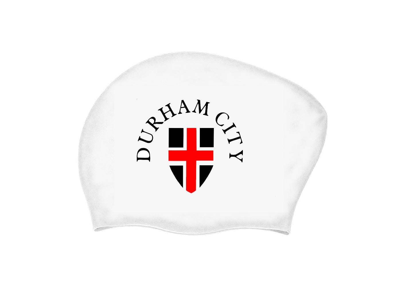 Durham City 3-pack long hair swimming caps by AK Club Kit in white, black, and red with club logo design.