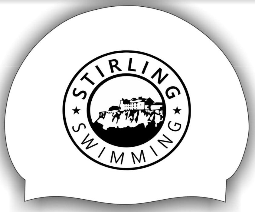 Set of three Stirling White club logo swimming caps by AK Club Kit, featuring white and black colors with the club logo.