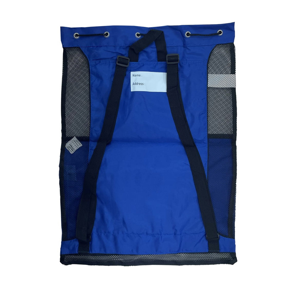 Blue AK mesh pool bag with sturdy handles, designed for carrying swimming gear and pool accessories.