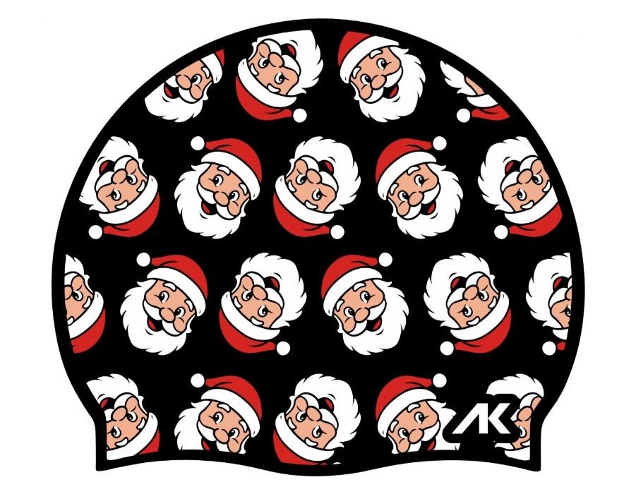 AK Santa Face Christmas silicone swim hat in black, red, and white featuring a festive Santa face design for holiday swimming.
