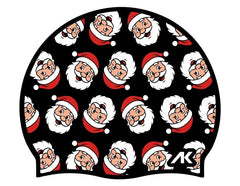 AK Santa Face Christmas silicone swim hat in black, red, and white featuring a festive Santa face design for holiday swimming.