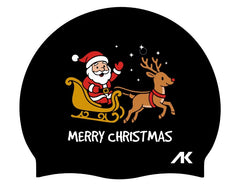 AK Santa Reindeer Merry Christmas silicone swim cap in black and multi-color for festive holiday swimming fun.