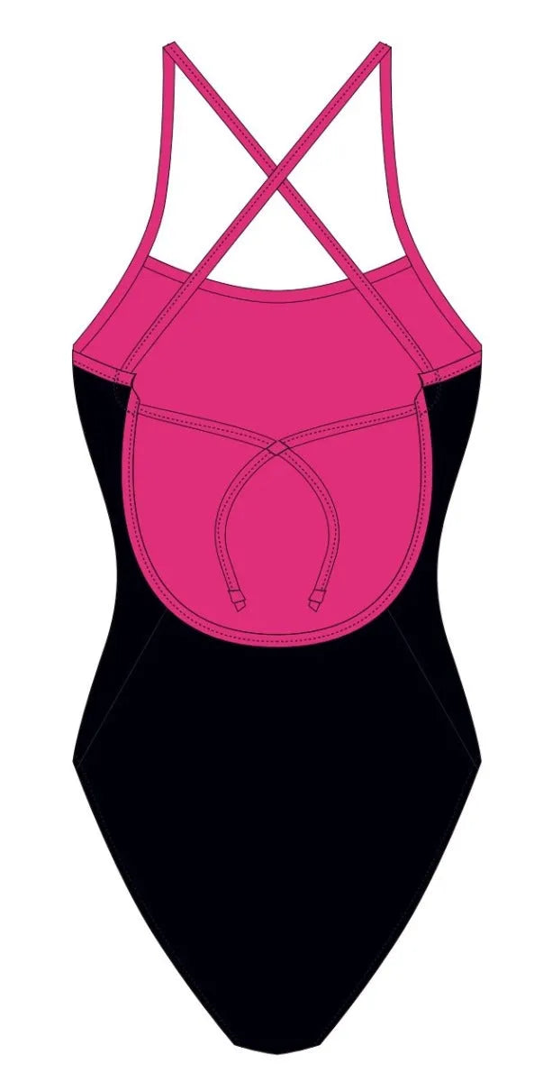 Women's AK tieback swimsuit in black and pink, featuring a stylish design with adjustable straps and a comfortable fit.