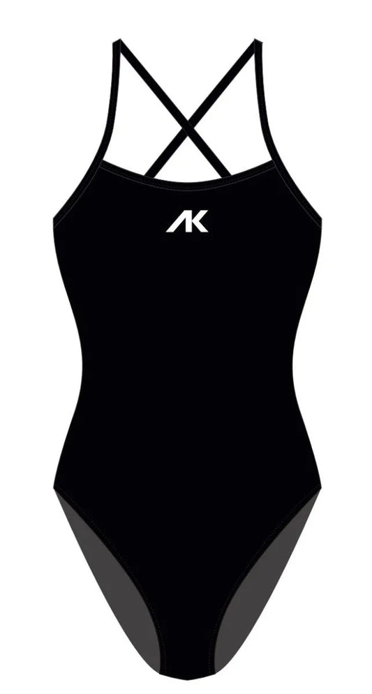 Women's black AK Tieback Swimsuit showing the back design and fitted style in a sleek, modern swimwear look. 643
