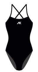 Women's black AK Tieback Swimsuit showing the back design and fitted style in a sleek, modern swimwear look.