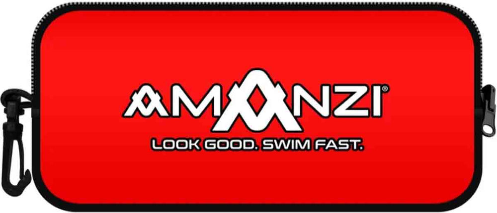 Red Amanzi Blaze Neoprene Goggle Case, durable waterproof protective pouch for storing and transporting goggles.
