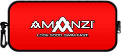 Red Amanzi Blaze Neoprene Goggle Case, durable waterproof protective pouch for storing and transporting goggles.