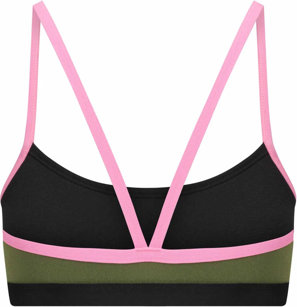 Amani girls' desert blush bikini top with green and pink colors, featuring a stylish tankini design and adjustable straps.