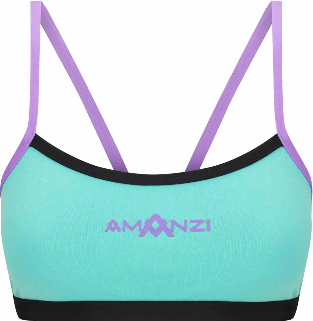 Amani girls Lagoona bikini top in blue and purple with ruffle details, perfect for summer swimwear.