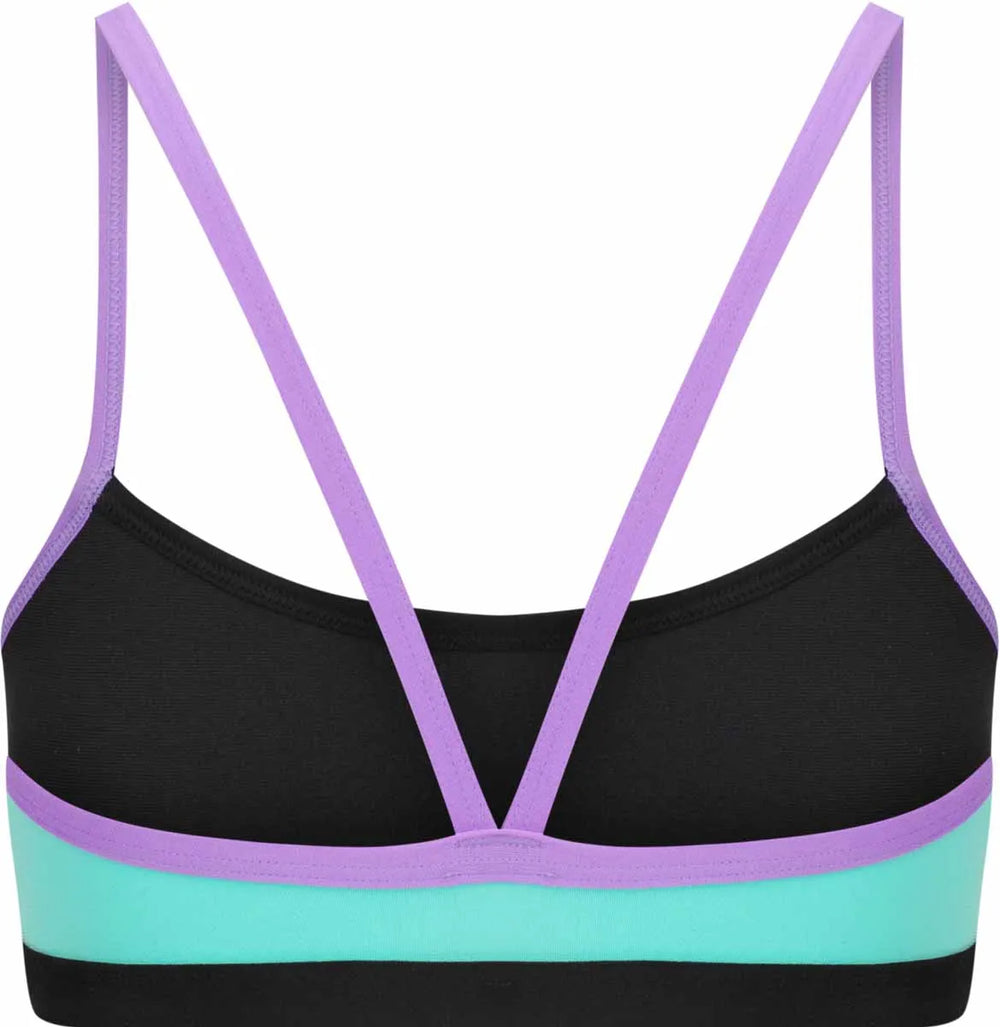 Amani girls Lagoona bikini top in blue and purple with adjustable straps, suitable for swimming and beachwear.