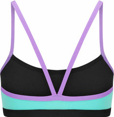 Amani girls Lagoona bikini top in blue and purple with adjustable straps, suitable for swimming and beachwear.