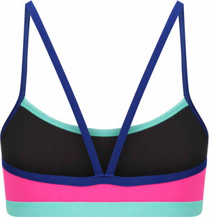 Amani girls' rosette bikini top in pink and blue with decorative rosettes, perfect for summer swimwear.