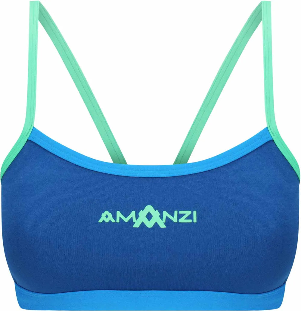 Amani Girls Seaglass Bikini Top in blue, featuring a tankini style with adjustable straps and a comfortable fit.