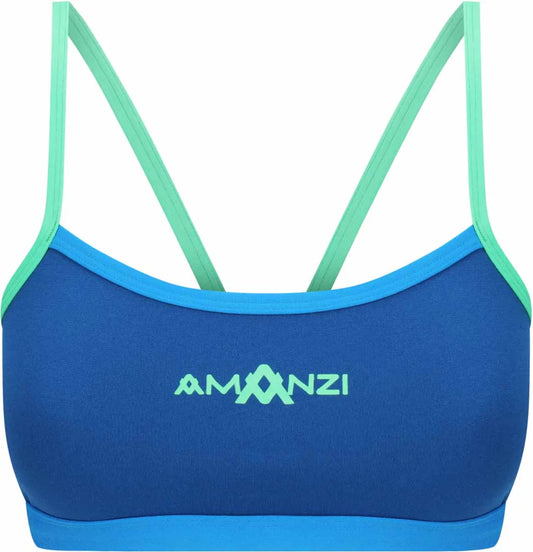 Amani Girls Seaglass Bikini Top in blue, featuring a tankini style with adjustable straps and a comfortable fit. 1159