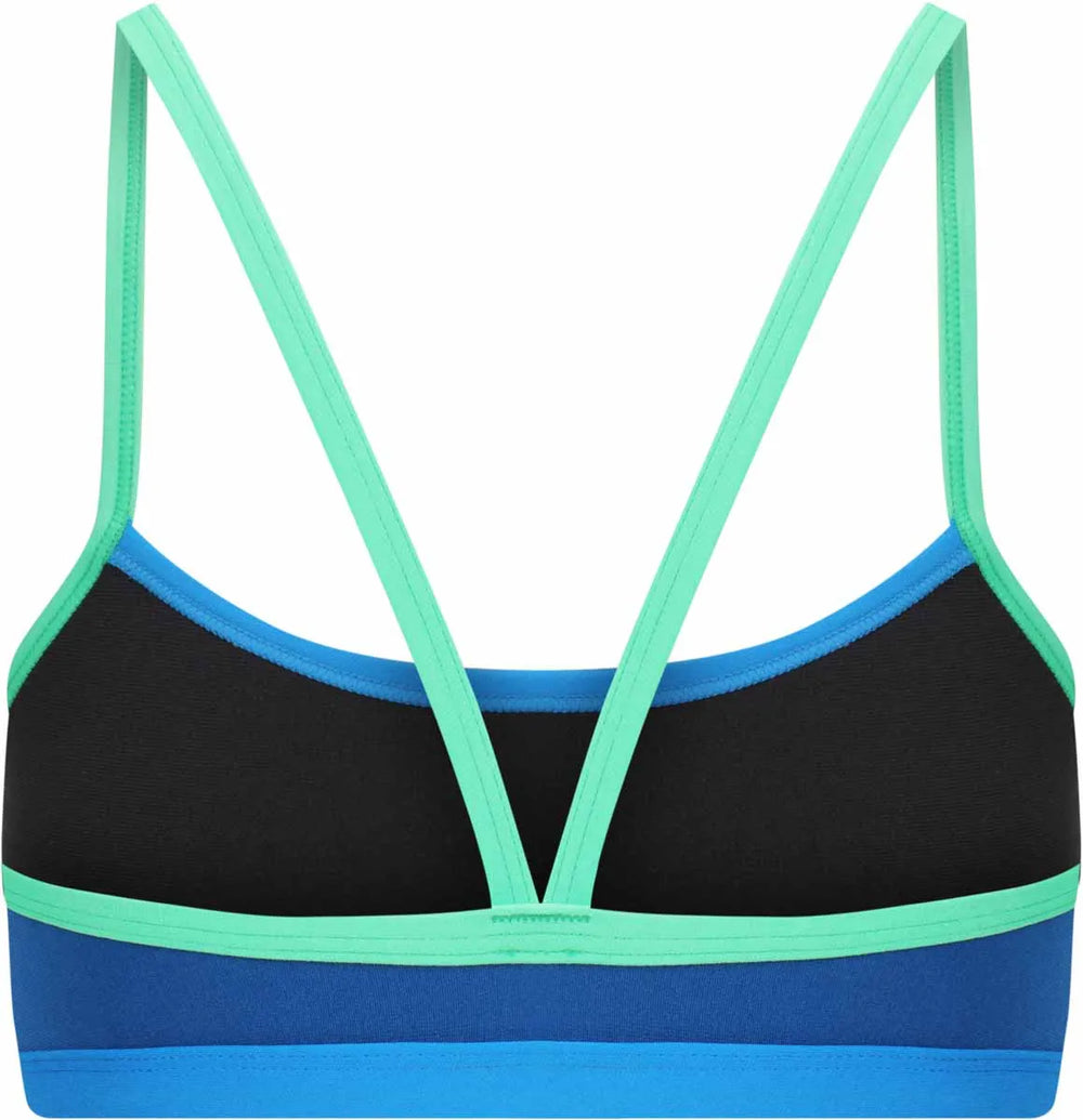 Amani girls' blue Seaglass bikini top with adjustable straps, made of comfortable swim fabric, perfect for beachwear.