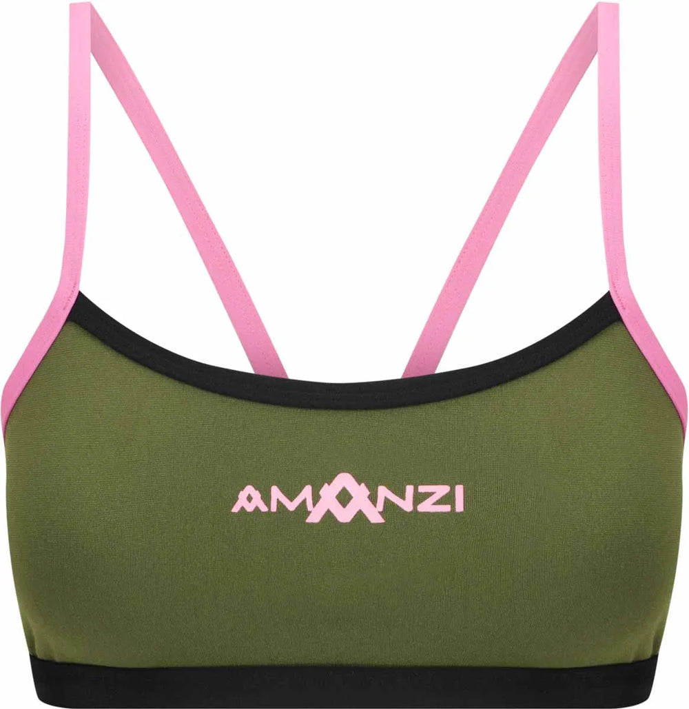 Amani women's desert blush bikini top in green and pink with adjustable straps, perfect for beach or poolside wear.