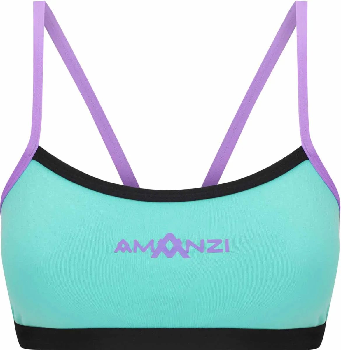 Amani Womens Lagoona bikini top in blue and purple with a stylish tankini design, featuring adjustable straps and vibrant floral patterns.