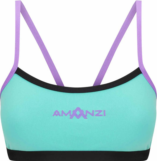 Amani Womens Lagoona bikini top in blue and purple with a stylish tankini design, featuring adjustable straps and vibrant floral patterns. 1169