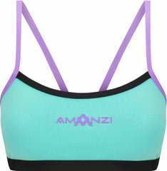 Amani Womens Lagoona bikini top in blue and purple with a stylish tankini design, featuring adjustable straps and vibrant floral patterns.