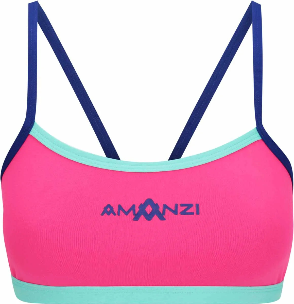 Amani women's rosette bikini top in pink and blue with floral details, designed for a stylish swimwear look