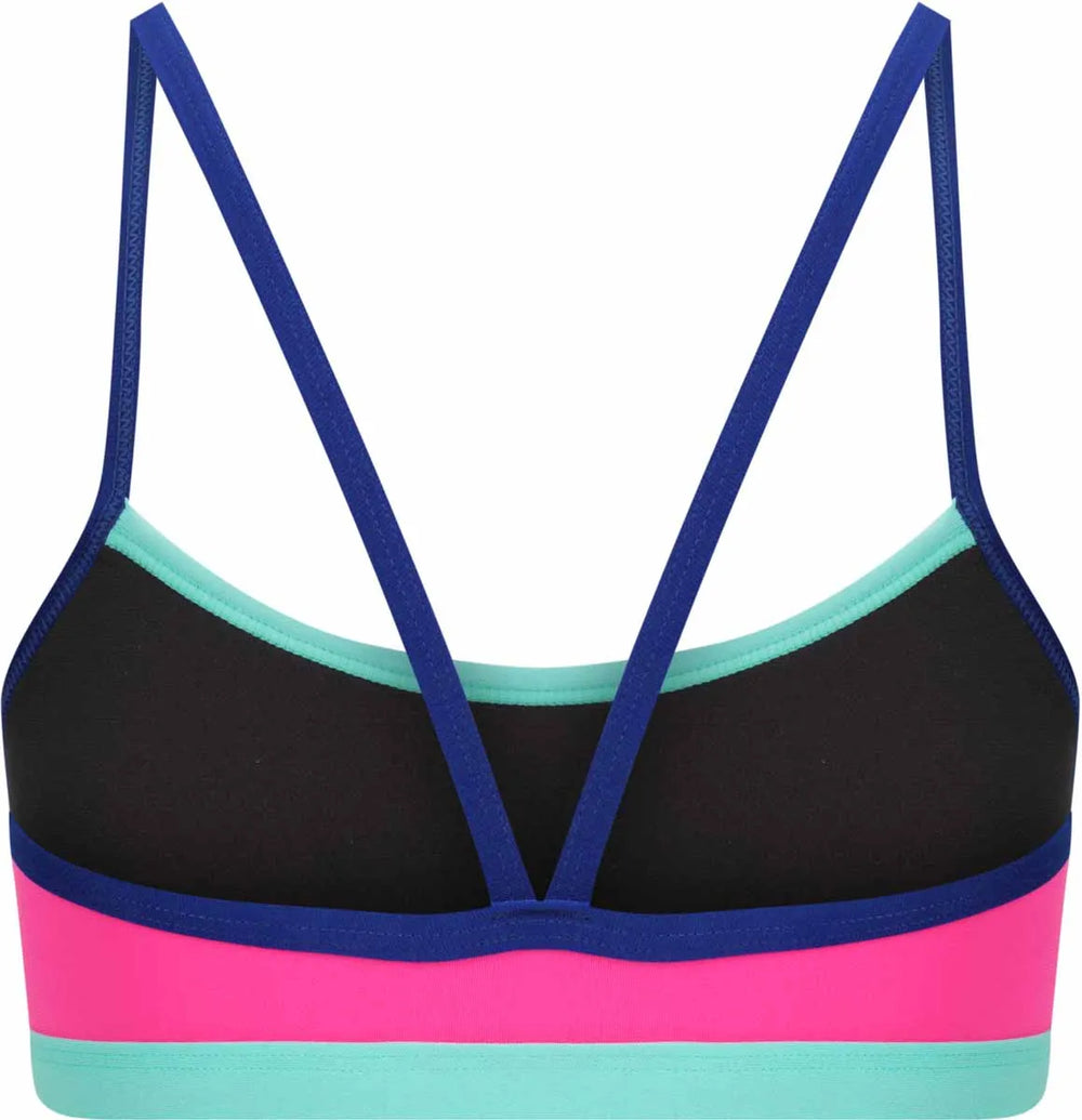 Amani women's rosette bikini top in pink and blue with floral accents, designed for stylish swimwear.