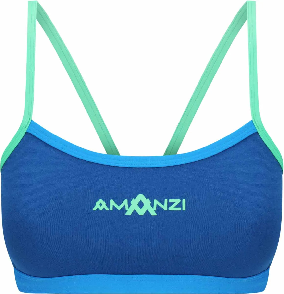 Amani women's Seaglass blue bikini top with adjustable straps, stylish tankini design, perfect for summer beachwear.