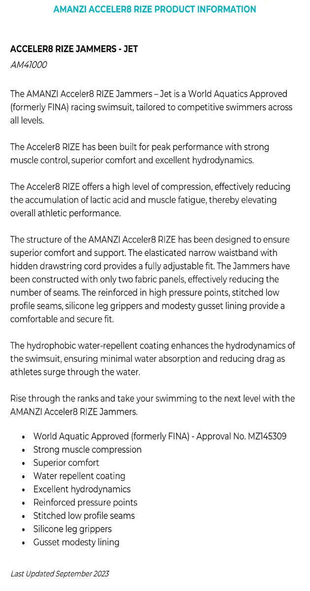 Amani Boys Acceler8 RIZE black swim jammer, close-up view showing sleek black fabric and brand logo for active swimwear.
